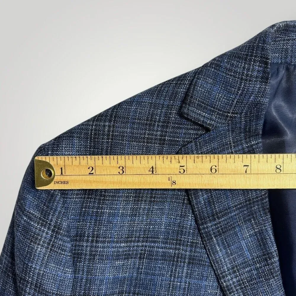 JOSEPH ABBOUD Mens Blazer Sport Coat Suit Jacket 48R SILK/WOOL/LINEN Plaid Blue